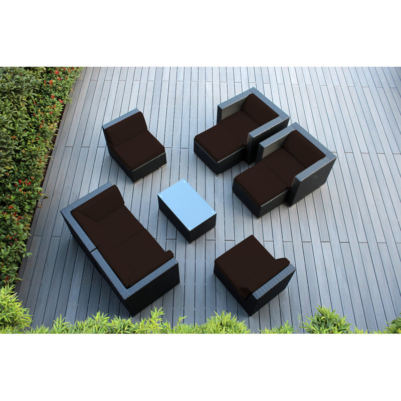 Bannan Wicker 6 - Person Seating Group with Cushions - No Assembly, Black, Canvas Jockey Red Sunbrella® Canvas