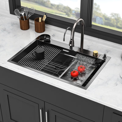33X22x10 Inch 16 Gauge T304 Stainless Steel Gunmetal Black Kitchen Sink With Waterfall Style, Pull-Out Faucet & Colander