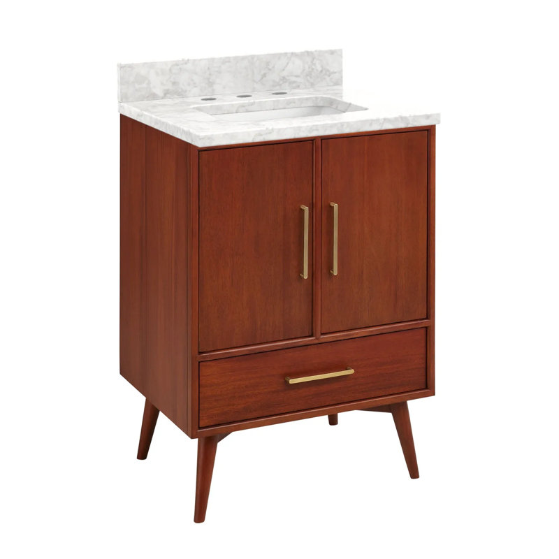 24" Novak Single Bathroom Vanity Set with Rectangular Undermount Sink, Carrara Marble, Natural Teak, 8" Widespread