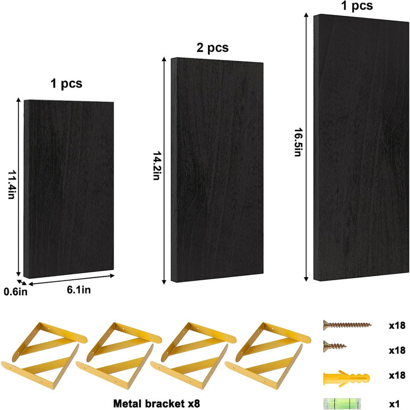 4-Piece Paulownia Wood Floating Shelves Wall Mount Bracket Shelf, Light Black, Gold