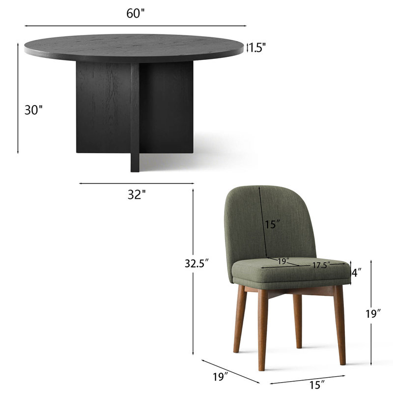 7-Piece 60" Round Dining Set With Upholstered Chairs, Green