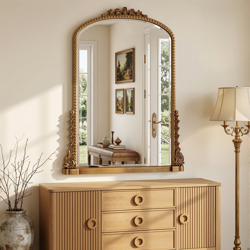 Miroir de salle de bain rétro gravé, miroir mural arqué, 25"×38", Doré
