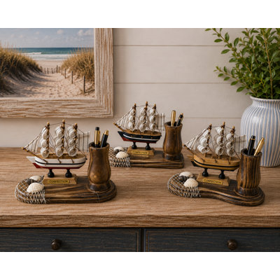 Set Of 3 Assorted Decorated Ships With Pen Holders Figurines