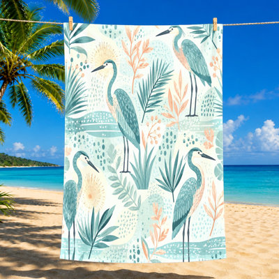 1PCS Artistic Heron Beach Towel, featuring a vibrant watercolor print of herons and tropical foliage, perfect for trips, travel, outdoor adventures, adding touch nature-inspired elegance to your seaside escape.