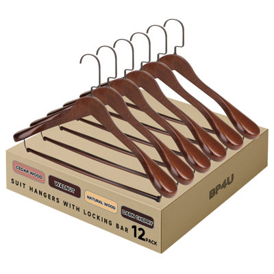  Paquet de 12 cintres en bois de qualité supérieure pour épaules larges, cintres robustes antidérapants en bois massif avec barre verrouillable pour les costumes et les manteaux (noyer)