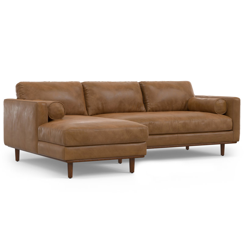 Morrison Mid Century Left Sectional 102 inch Wide Sofa Sectional in Caramel Brown Top Grain Genuine Leather, Left Hand Facing