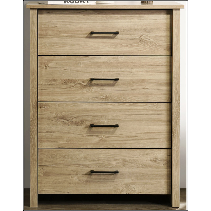 Commode 4 tiroirs en chêne clair Celeste avec poignées noires durables pour un rangement moderne, Chêne clair / Noir