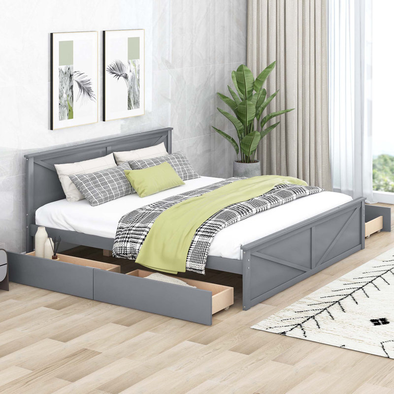 Lit plateforme avec tiroirs de rangement et pieds de soutien Avelina, gris, Très grand