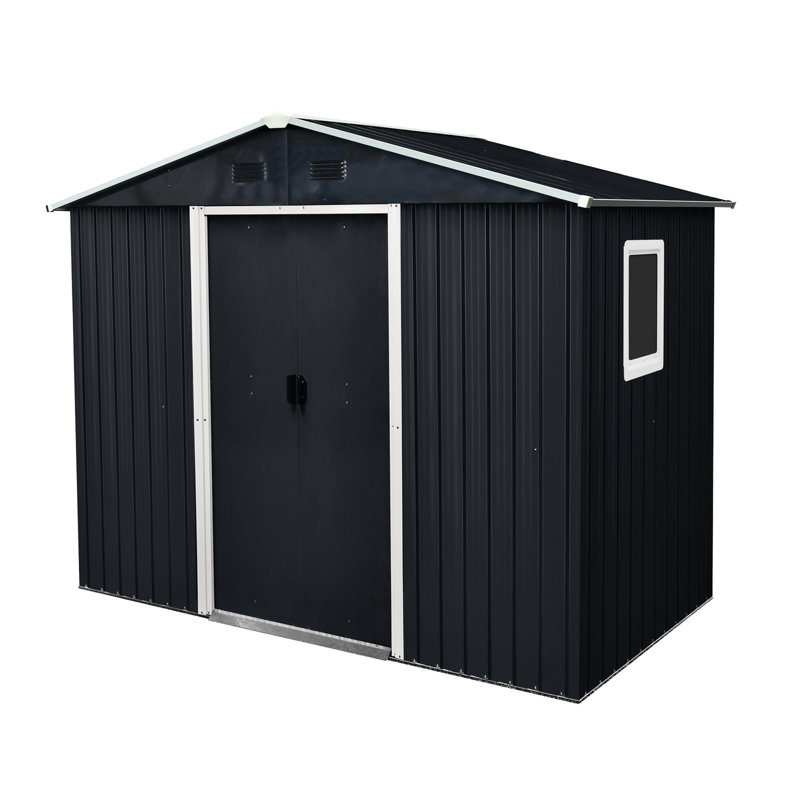 8X4 Ft Outdoor Metal Storage Building With Window - Black And White, Galvanized Iron, Sloped Roof & Lockable Door, Ventilation System, Foundation, Anchors, Hooks, Shelf, Lock, Gloves Shed 8Ft By 4Ft