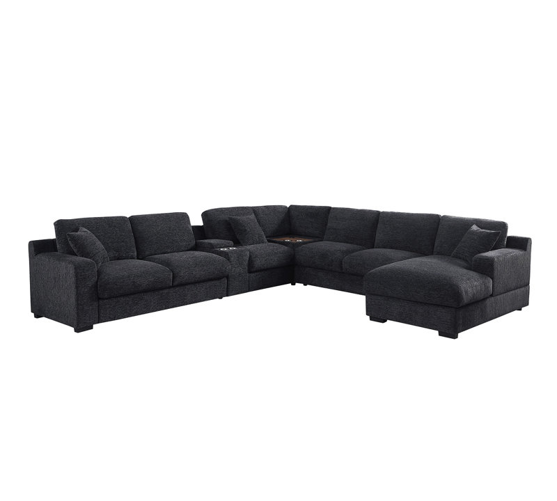 Canapé modulaire en tissu en chenille de 141,5 po de largeur avec méridienne, porte-gobelets et ports de recharge, Gris foncé