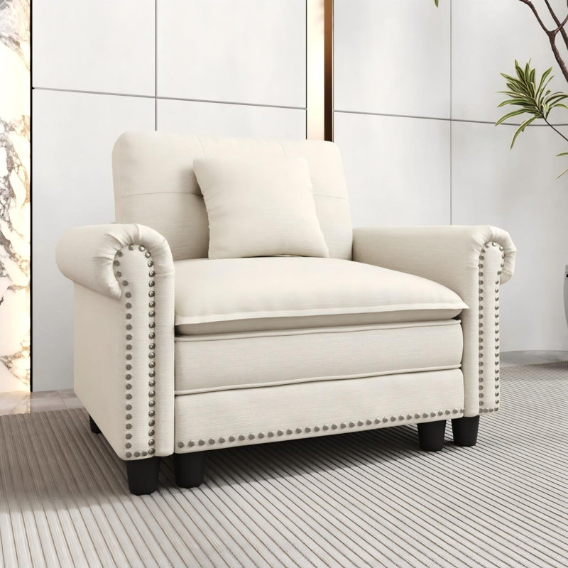 Fauteuil d'appoint à siège profond avec garniture cloutée et coussin décoratif, Lin beige