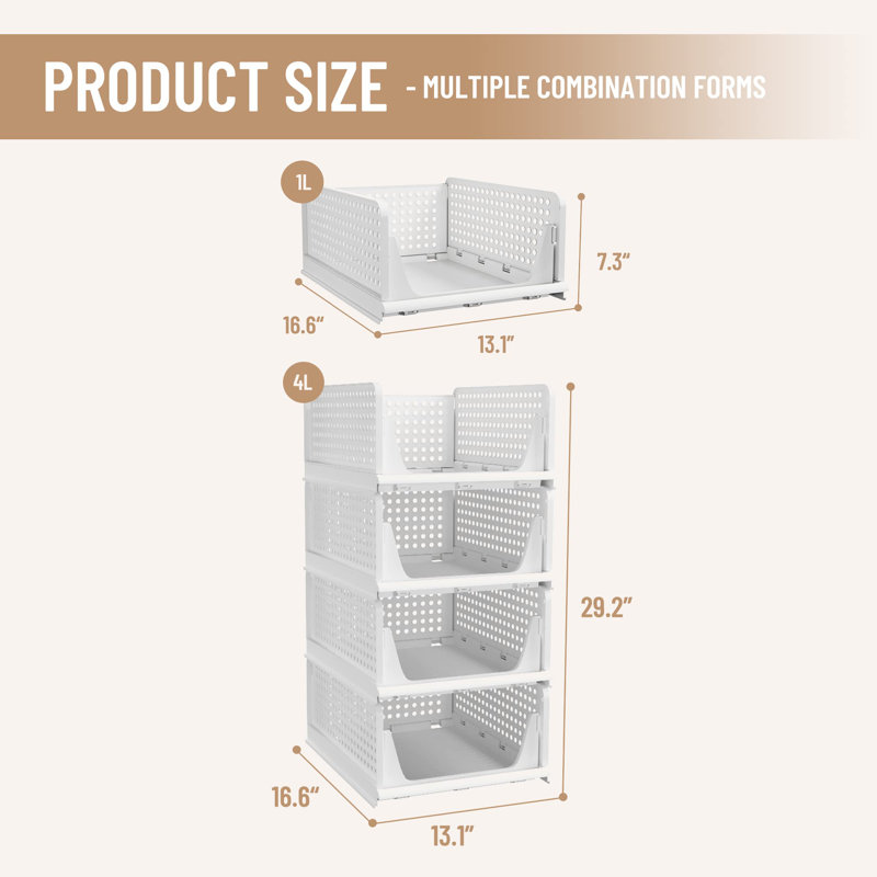 Stackable Plastic Storage Basket, Foldable Closet Organizers And Storage Bins 4 Pack Drawer Shelf Storage Container, White