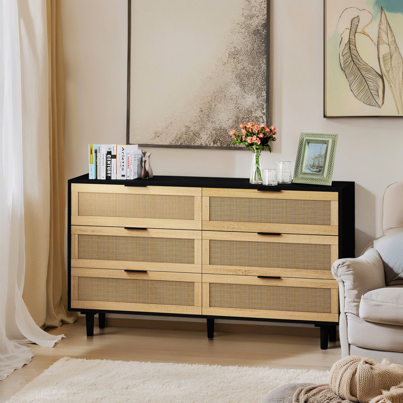 6-Drawers Rattan Storage Cabinet Rattan Drawer, 29.72" H x 51.18" W x 15.75" D , Black