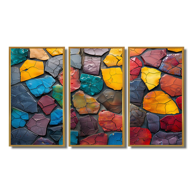 Carreaux de mosaïque colorée «Beauty I» - ensemble d'art mural décoratif mosaïque bohème, Toile avec cadre flottant or