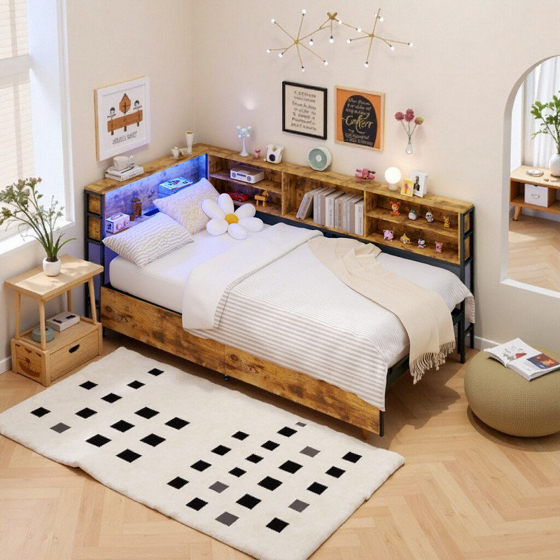 Lit de jour de rangement simple avec tête de lit bibliothèque et 2 tiroirs sous le lit, Brun