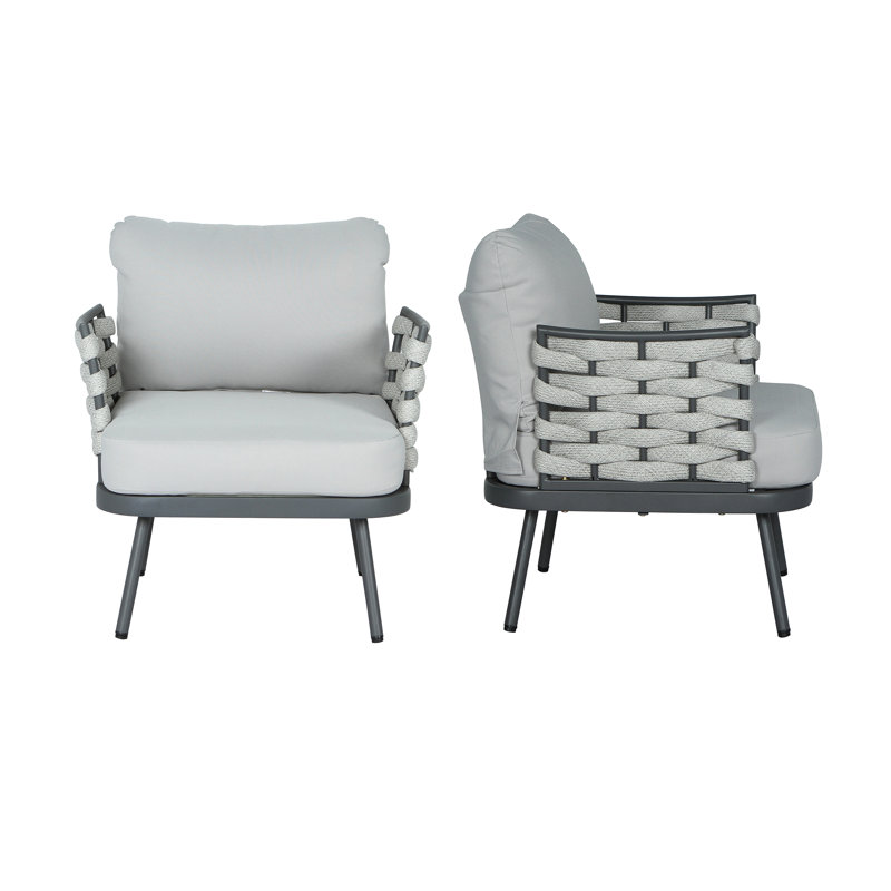 Chaises longues d'extérieur en corde tissée Kris avec structure et coussins en acier, Coussin gris clair / structure grise