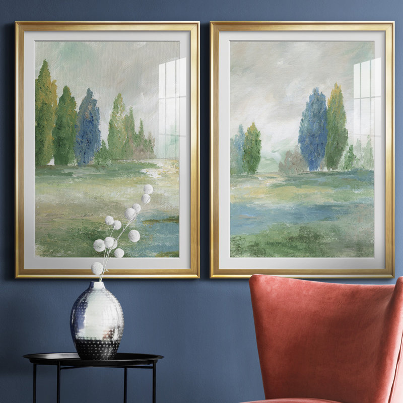 Jeweled Valley I - Ensemble de 2 reproductions d'art, Impression encadrée avec passe-partout, H 30,5 po x l 85 po, Doré