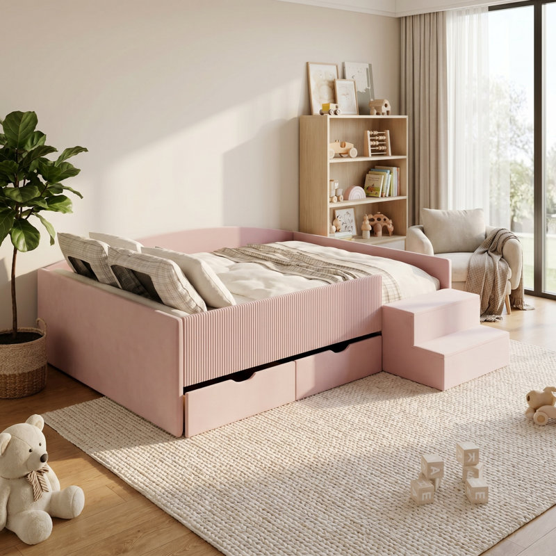 Structure de lit de jour rembourrée de qualité supérieure avec 2 tiroirs de rangement, lit plateforme moderne pour l'organisation de la chambre des enfants