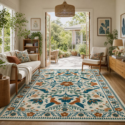  Tapis floral lavable Goldene Boho beige pour le salon, tapis à poils courts avec envers antidérapant pour la salle à manger