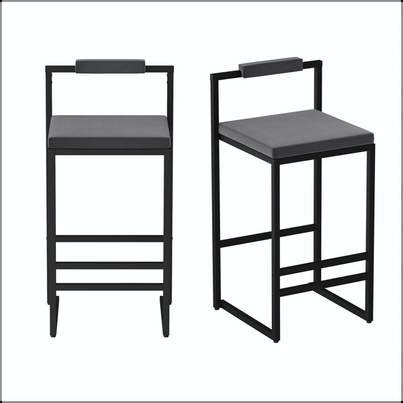 Tabouret de bar en velours à hauteur de comptoir - structure noire avec siège gris