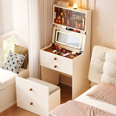 Modern Convertible Makeup Vanity Set & Nightstand Combo with Flip-Top LED Mirror, Glass Display Organizer, and Hidden Rolling Storage Stool