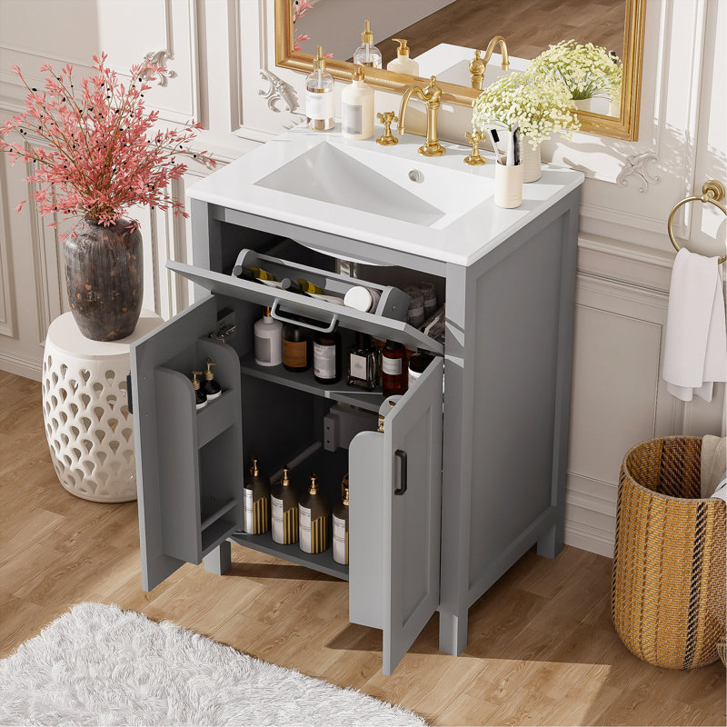 Ensemble de meuble-lavabo 24 po avec lavabo en céramique, meuble-lavabo peu encombrant - l 24 po x P 18 po x H 34 po, 2 portes à fermeture en douceur