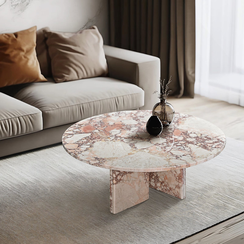 Table basse de luxe en marbre naturel rose, petite table de salon avec surface polie, pierre véritable, Pink