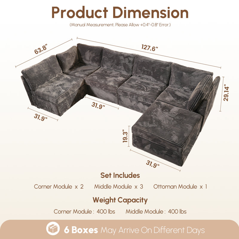 U-shaped Sectional Plush Corduroy Section Sofa Combination, 9 Seats, With Ottoman, Random Combination, Grey Corduroy