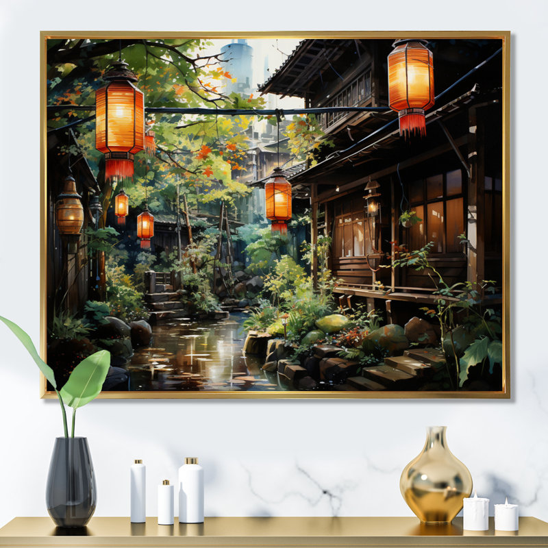 Lanterne en papier Japon Art Glow I - impressions murales japonaises, H 16 po x l 32 po x P 1 po, Cadre flottant doré