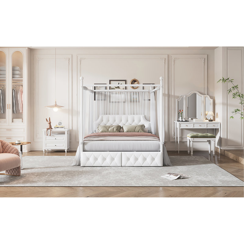 Grand lit plateforme à baldaquin avec tête de lit tapissier et 2 armoires, lit en métal blanc, taille, tête de lit, 2 espaces de rangement,