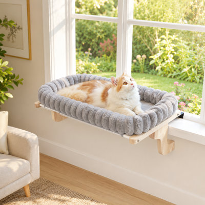 Perchoir rembourré pour chat à installer près de la fenêtre, cadre en bois massif et coussin périphérique, fixation métallique par crochet