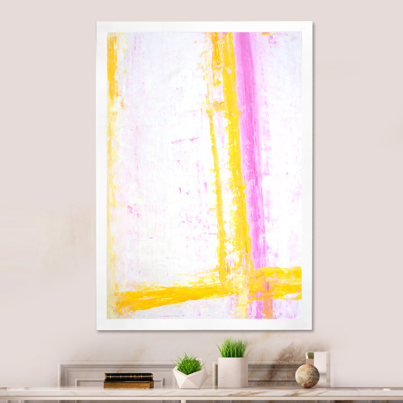Art abstrait rose et jaune - Décoration murale moderne et contemporaine sur toile, Cadre photo blanc