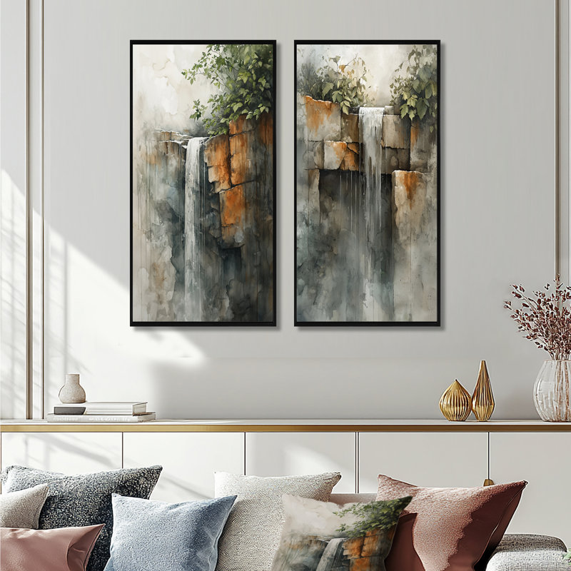 Chute d'eau Oasis I - Ensemble de 2 pièces d'art mural en cascade, H 32 po x l 32 po, Impression encadrée