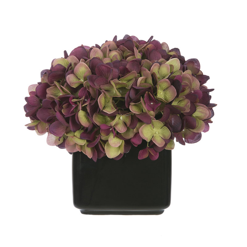 Hortensia artificiel dans un petit cube noir en céramique, Prune / sauge