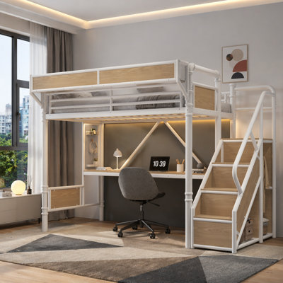Metal Loft Bed with Built-in Desk & Power Outlet, LED Strip, Metal Loft Bed Frame with Pegboard & Mesh Storage Baskets, Storage Stairs with Wardrobe