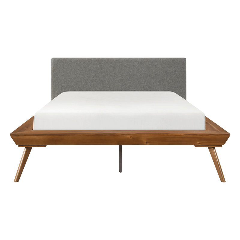 Lit plateforme double couleur châtaignier et gris foncé avec tête de lit tapissier, Lit double