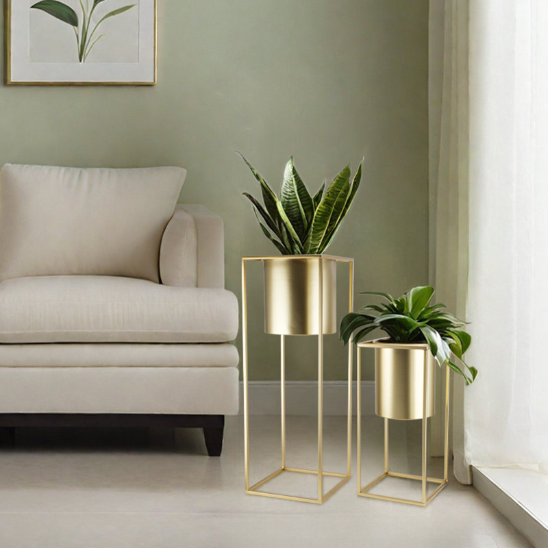 Set of 2 Large Planters with Stand Planter for Indoor Plants 28 &18" H Morden Plant Pots , Gold