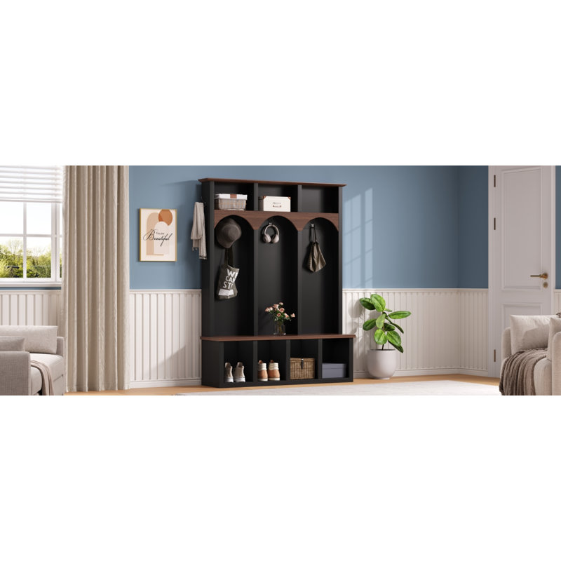 d'entrée de campagne-en-1 avec banc en noyer arqué, panneau de rangement en panneau de fibres à densité moyenne noir et panneau de particules pour vestibule, vestibule et salon