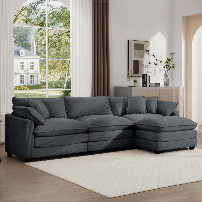 Canapé deux places en velours côtelé avec 1 repose-pieds, Gris, H 33,85 po x l 114,56 po x P 34,25 po