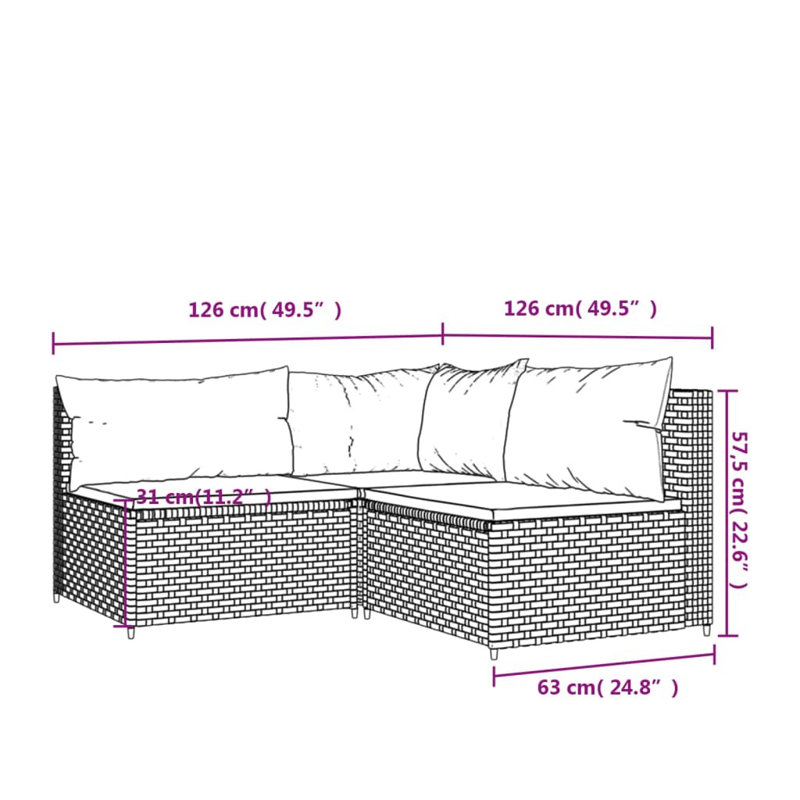 Bedingfield 24.8'' Wide Square Patio Sectional Set with Cushions, White, Black
