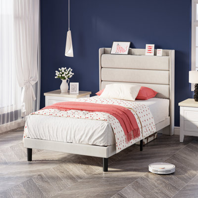 Modern Upholstered Twin XL Storage Bed Frame with Headboard, Fabric Platform Bed with Power Outlets, Quiet & Easy Assembly, No Box Spring Needed by Ebern Designs
