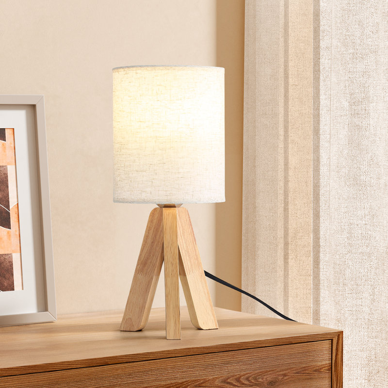 15" H Natural Wood Fabric Table Lamp With Rocker Switch (Set Of 2)