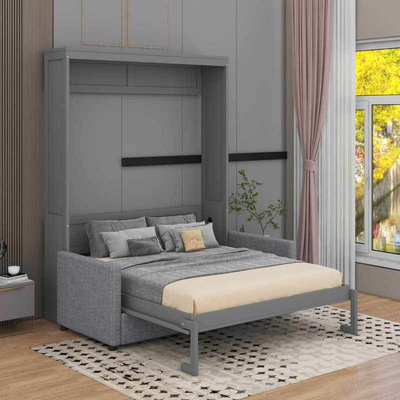 Full Size Murphy Bed With Cushion, Gray