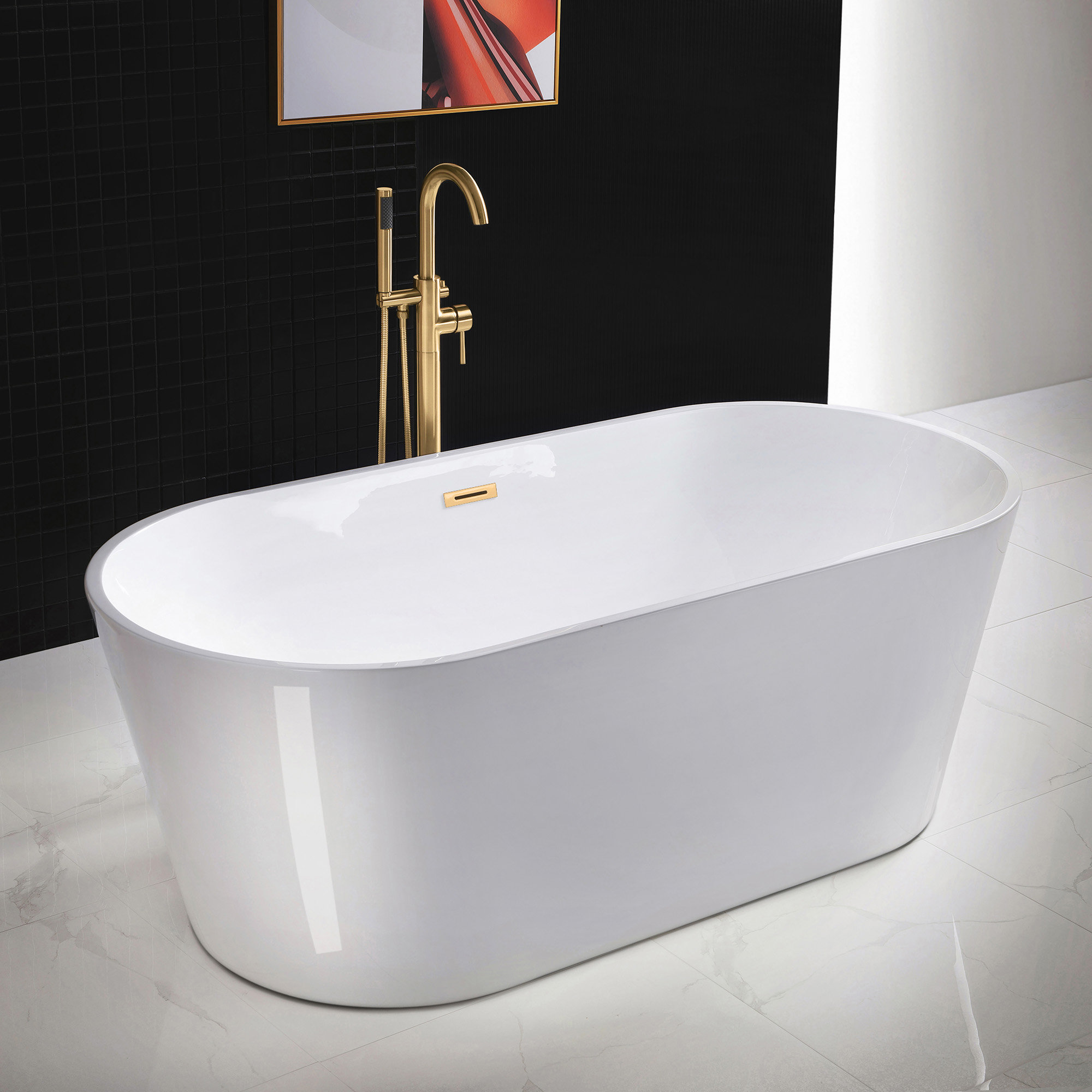 67" x 32" Freestanding Soaking Acrylic Bathtub, White, Brushed Gold