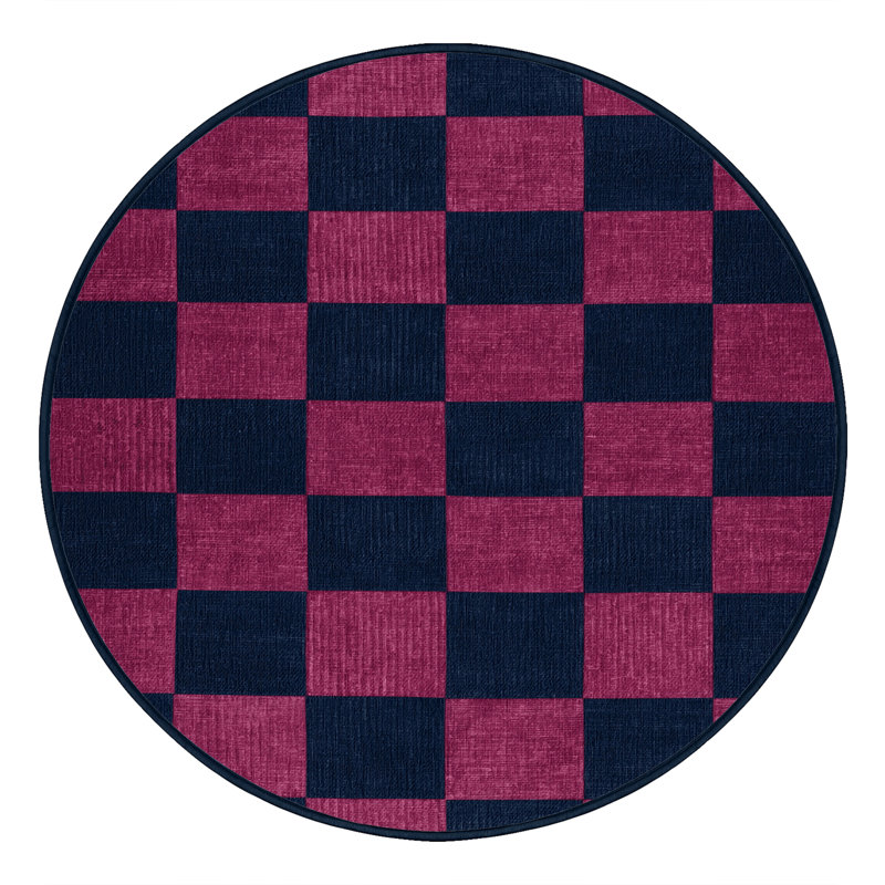 Tapis bleu à carreaux lavable à la machine, Rond 7 pi