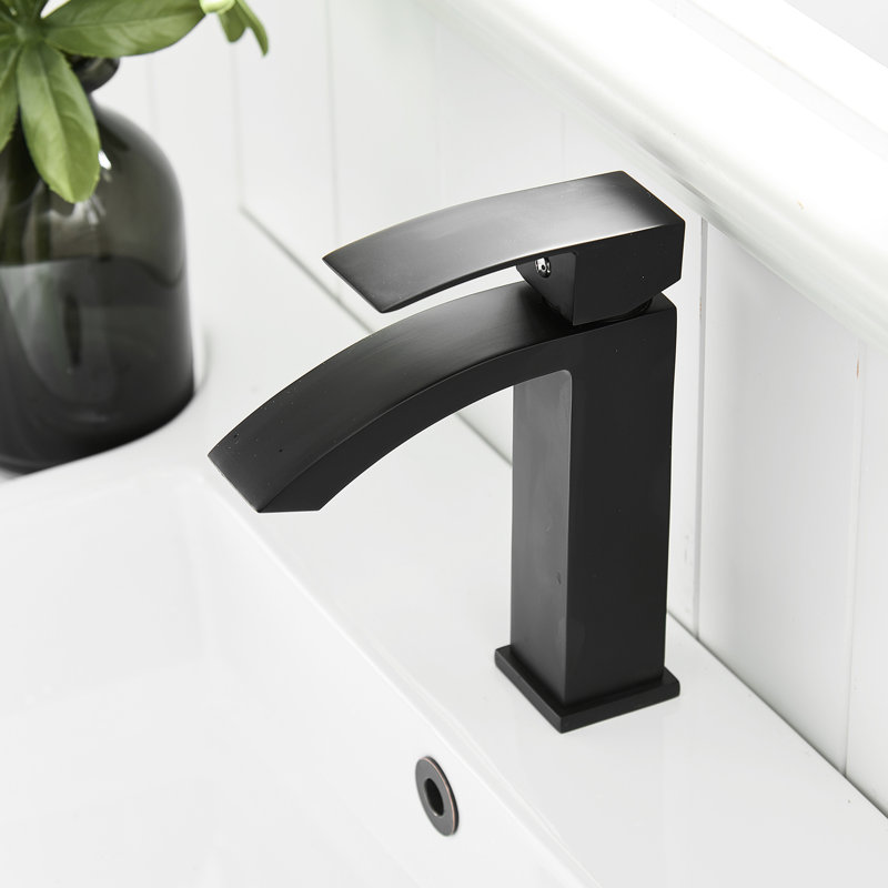 Robinet de meuble-lavabo noir brossé, robinet de lavabo monotrou monté sur le comptoir avec robinet latéral en aluminium et corps mat en aluminium, fonctionnement manuel du lavabo à forme géométrique