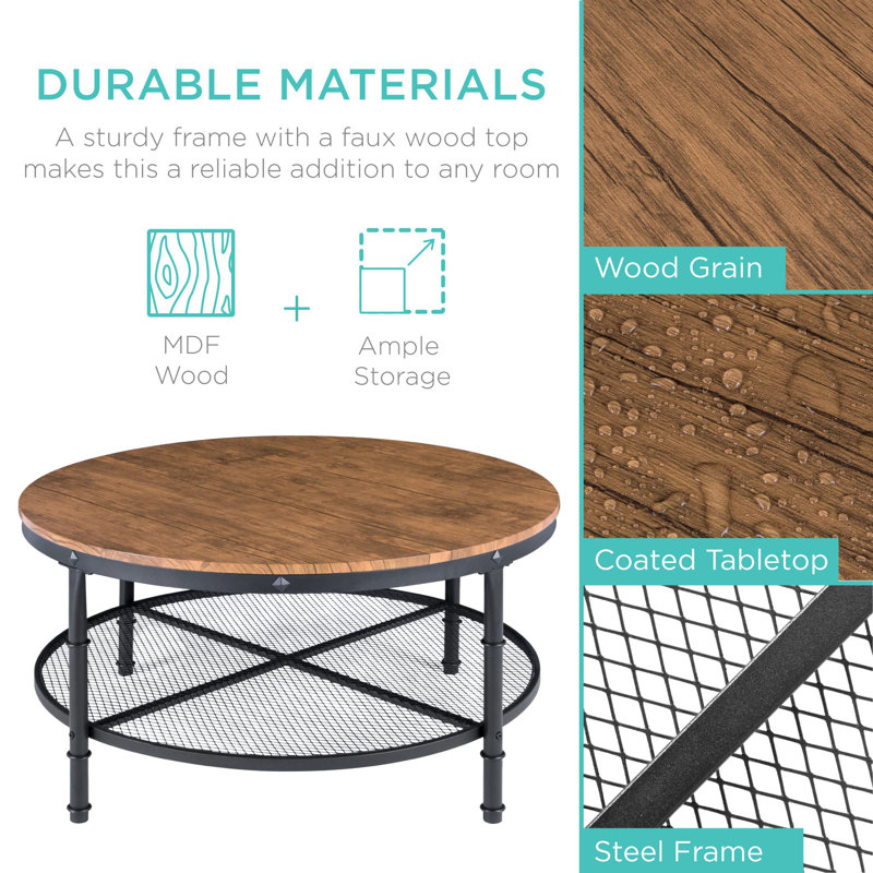Brown Round Wood and Metal 2-Tier Coffee Table