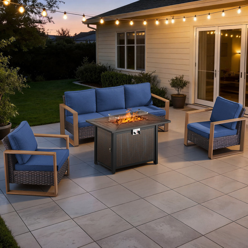Drazen 5 - Person Patio Furniture Set With Fire Pit Table, All-Weather Wicker Outdoor Conversation Set With Chair And Thick Cushions
