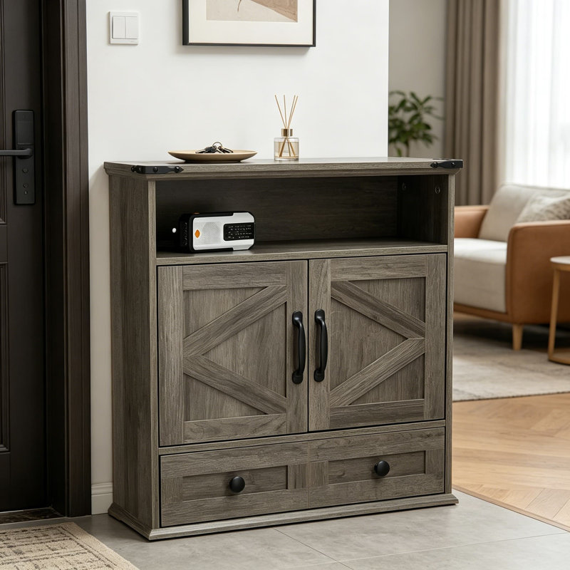 Armoire de salle de bain murale avec portes de grange - Armoire de rangement au-dessus de la toilette de 25 pouces avec tablette et tiroir réglables, organisateur suspendu pour salle de bain, cuisine, buanderie, entrée, gris