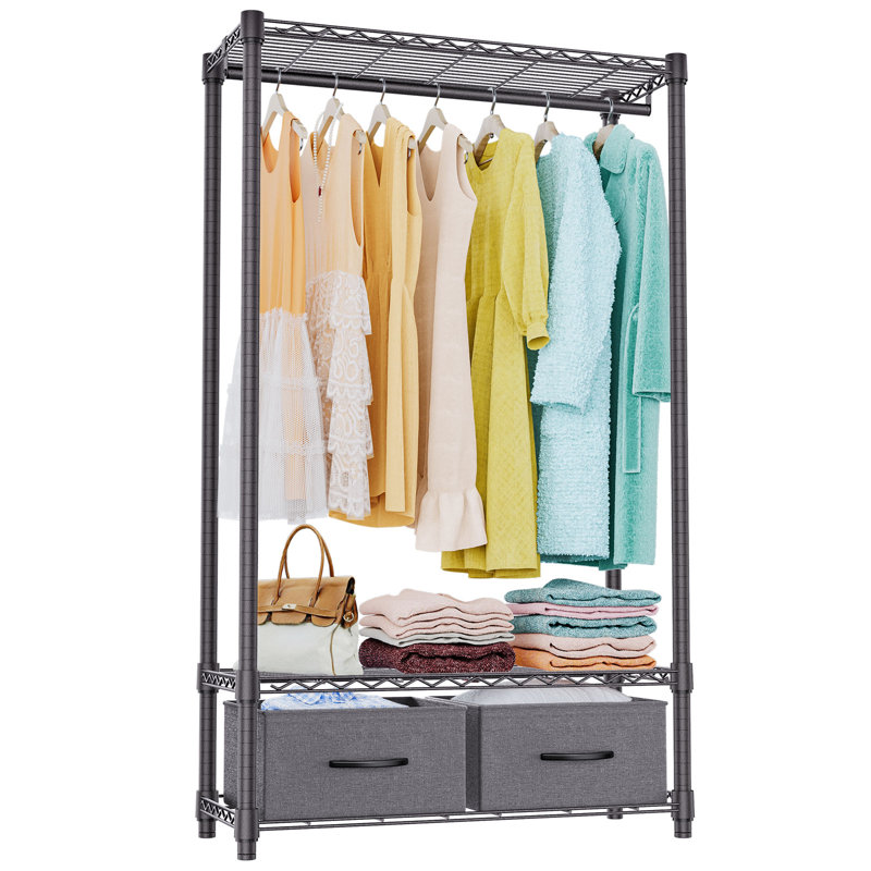 Organisateur de garde-robe autoportant 35,5 po avec tringle, tablettes réglables et 2 tiroirs en tissu pour chambre à coucher, appartement et salle de lavage, gris foncé